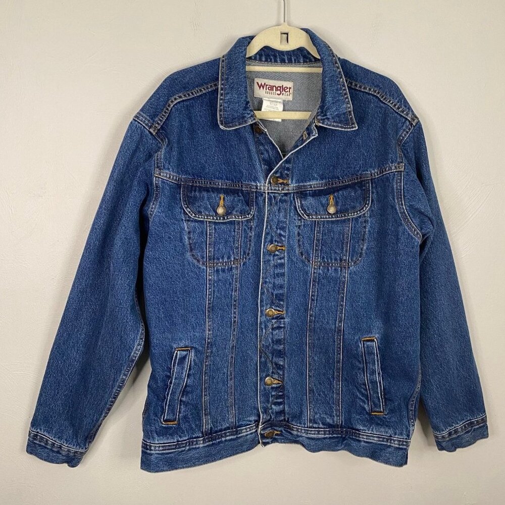 VTG Wrangler Rugged Wear Men's Blue Jean Jacket Trucker Western Denim Size LT